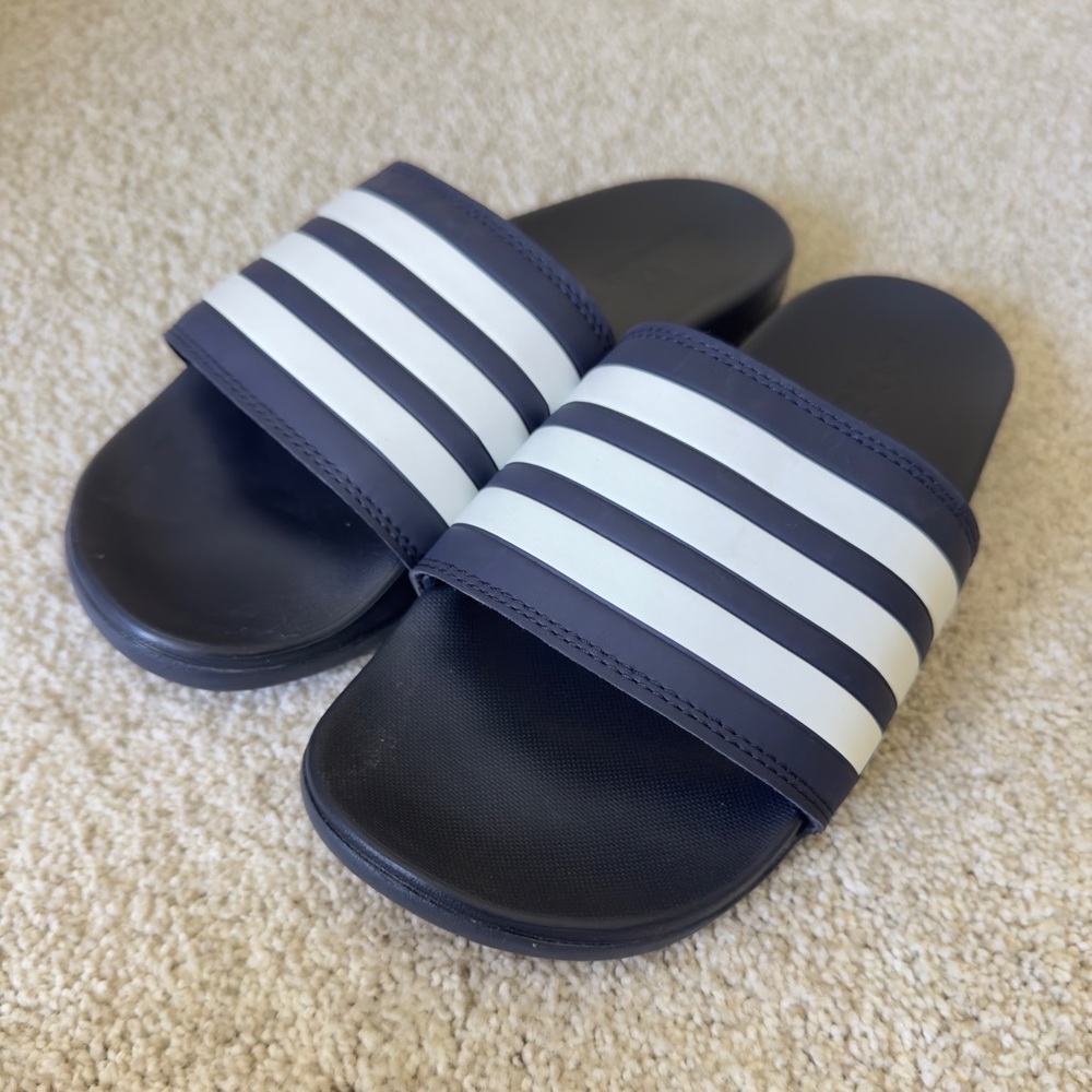 adidas Navy Slides with White Stripes